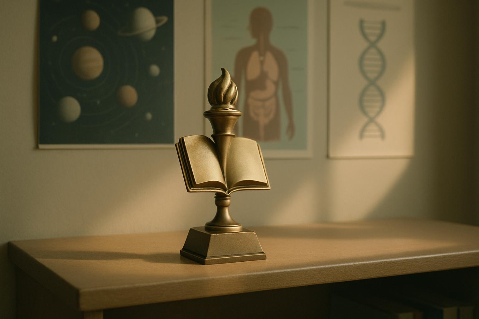 A bronze sculpture of an open book with the base resembling a torch, on a wooden table, with a constellation poster, a hum...